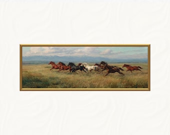 Olieverfschilderij van wilde paarden – Westerse paardenlandschapskunstprint