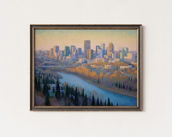Edmonton Skyline Wall Art | Oil Painting Print of Alberta Cityscape