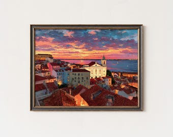 Pintura al óleo de Alfama, Lisboa / Lámina decorativa de atardecer en Portugal / Decoración de paisaje urbano en azotea