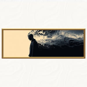 May include: A framed art print featuring a silhouette of a person in a dark coat, set against a light beige background. The right side of the image transitions into a swirling, abstract pattern of dark blues and whites, creating a dramatic visual effect.