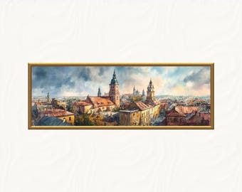 Kraków Old Town Watercolor Print, Historic Cityscape Panorama