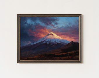 Pintura del atardecer en el volcán Cotopaxi: Arte mural con cielo ardiente en los Andes ecuatorianos
