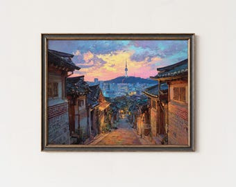 Arte mural de Seúl, lámina de la ciudad de Corea, calle Hanok, pintura de la puesta de sol.