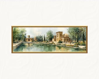 May include: Watercolor painting of a serene landscape featuring a reflective body of water, lush greenery, and architectural structures. The artwork is framed in a gold-toned wooden frame, creating a classic aesthetic. The scene evokes a sense of tranquility and historical charm.