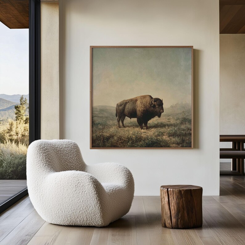 Buffalo Wall Art Print, Vintage Bison Painting, Rustic Western ...