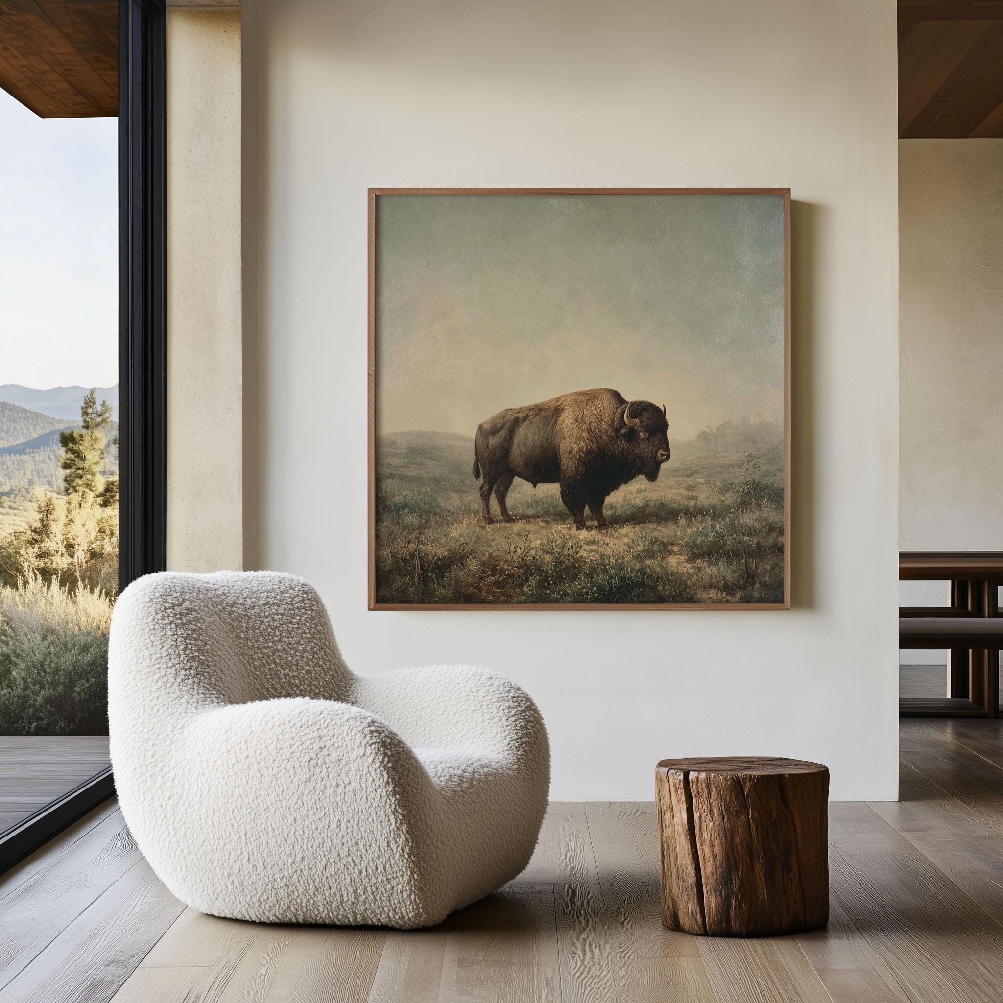 Buffalo Wall Art Print, Vintage Bison Painting, Rustic Western ...