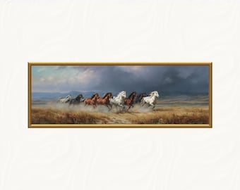Olieverfschilderij van wilde paarden – Panoramisch wanddecoratie met westers landschap