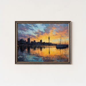 Impressão artística do horizonte do pôr do sol de Auckland: decoração de casa com paisagem urbana da Nova Zelândia