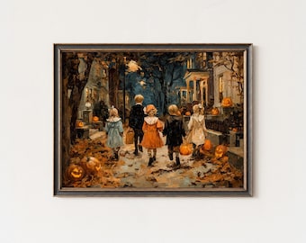 Vintage Halloween Night Print: Trick or Treat, Nostalgic Kids Art
