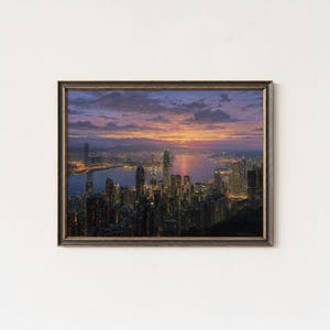 Stampa del tramonto sullo skyline di Hong Kong: Victoria Harbour Wall Art