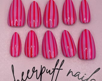 Hot Pink & Red Candy Stripe Press-On Nails | Bold Retro Barbie Aesthetic | Reusable Handmade Nails | Cheerful Summer Vibes