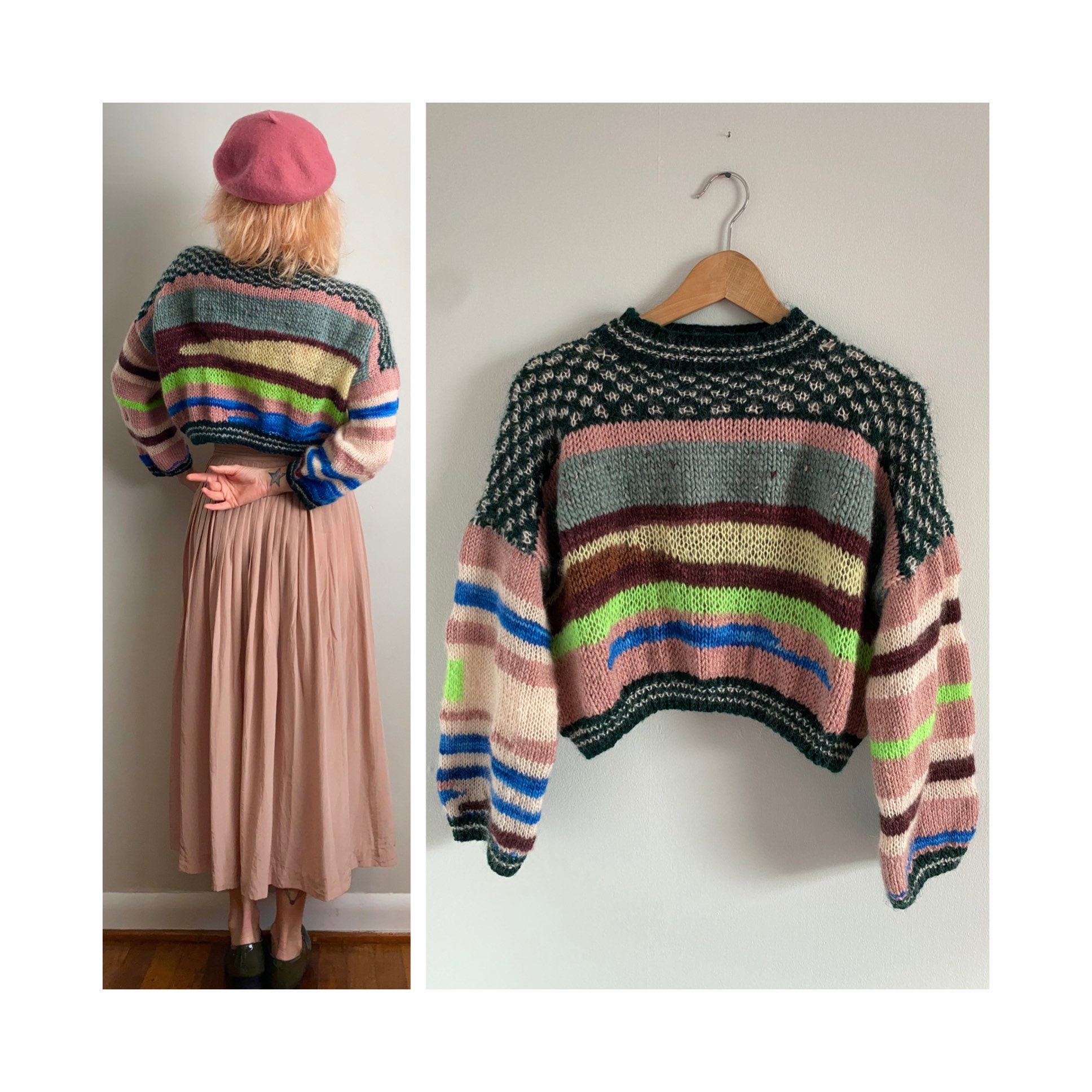 Kleding Dameskleding Sweaters Pullovers TAEKO Handknit No Waste Collection Cropped Patchwork Wide Neck Sweater 
