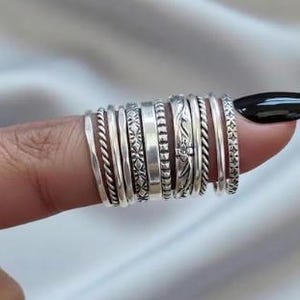 Stacking 12 Ring Set Of Silver Rings, 925 Sterling Silver, Handmade Ring, Assorted Patterns Ring, Thick & Thin Silver Ring, Christmas Gift.