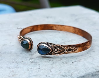 Labradorite Copper Bangle, Handmade Floral Engraved Cuff, Two Stone Jewelry