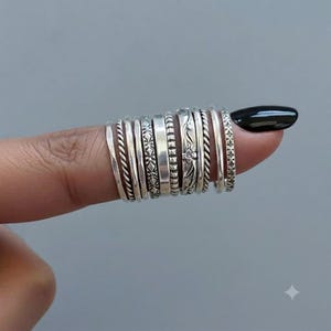 Stacking 12 Ring Set Of Silver Rings, 925 Sterling Silver, Handmade Ring, Assorted Patterns Ring, Thick & Thin Silver Ring, Christmas Gift.