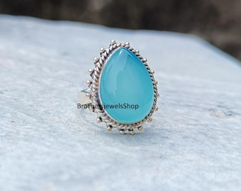 Teardrop Aqua Chalcedon Ring: Sterling Silber Boho Edelstein Schmuck