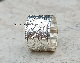 Gravierte Sterling Silber Boho Ring: Breites Band Vintage Schmuck
