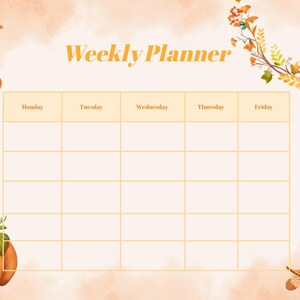 Könnte beinhalten: Ein Wochenplaner mit Aquarelldesign. Der Planer zeigt eine Kürbisillustration und Herbstblätter. Die Worte "Weekly Planner" sind in einer dekorativen Schriftart geschrieben. Die Wochentage sind oben aufgeführt.