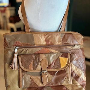 Vintage Patchwork Leather Tote Bag 1990 Boho Shoulder Bag