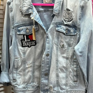70s Rock Inspired Distressed Denim Jacket XL – Upcycled The Doors & Beatles Patch Jean Jacket