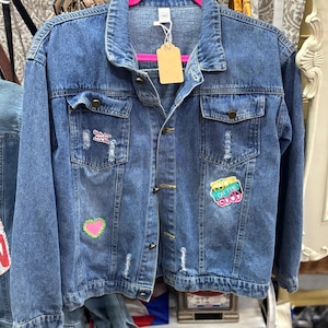 Y2K Denim Jacket Girls Size XL/L Birthday Pop Tarts Confetti Cupcake patch