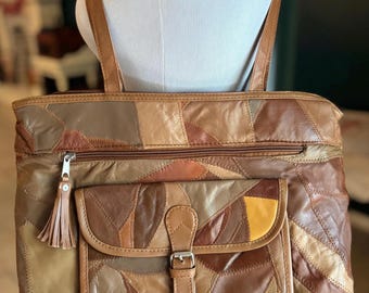 Vintage Patchwork Leather Tote Bag • 90s Boho Shoulder Bag • Genuine Brown Tan