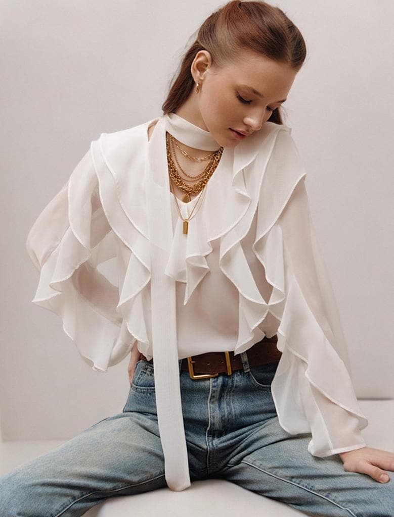 White Ruffled Chiffon Blouse, Elegant Tie Neck Long Sleeve Top