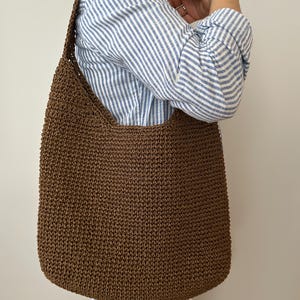 Handmade Crochet Shoulder Bag, Natural Raffia Paper Yarn, Brown Tote, Boho Summer Bag