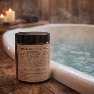 May include: A brown glass jar with a black lid, labeled "The Gardened Spa Garden Woods Bath Soak". The label features text and botanical illustrations, with "Sage and Rosemary" prominently displayed. The jar is on a wooden surface near a white bathtub.