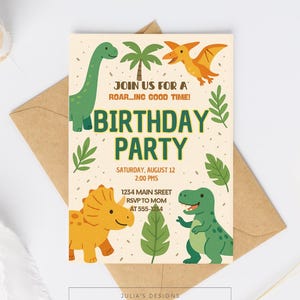 May include: A dinosaur-themed birthday party invitation with a light beige background. The invitation features illustrations of various dinosaurs, palm trees, and green leaves. Text includes "Join us for a Roar...ing Good Time!" and party details.