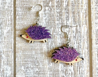 Cute Hedgehog Animal Critter Glitter Statement Earrings, Etched Multicolor Acrylic Jewelry, Lightweight Earrings | Gifts Under 20