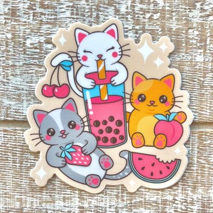Boba Tea Cat Kitten Pet Drink Beverage Kawaii Animal Creature Cute Vinyl Waterbottle Sticker | Gifts Under 5 Dollars