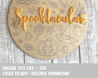 DESCARGA INSTANTÁNEA: SVG Halloween Decor Spooktaular Spooky Cute Lineart Sign Laser Cut Glowforge Ready Nursery Decor