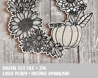 DESCARGA INSTANTÁNEA: SVG Esbozado Otoño Cosecha Otoño Calabaza Acción de Gracias Corona Signo Archivo Laser Cut Glowforge Ready DIY Decor