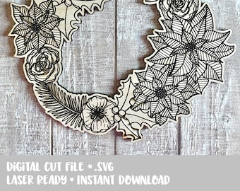 DESCARGA INSTANTÁNEA: SVG Esbozado Vacaciones de invierno Navidad Corona floral Poinsettia Holly Pino Laser Cut File Glowforge Ready DIY Decor