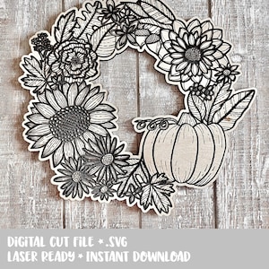 DESCARGA INSTANTÁNEA: SVG Bosquejado Otoño Cosecha Calabaza Acción de Gracias Corona Letrero Archivo Cortado con Láser Glowforge Listo para Decorar DIY