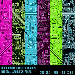 Puede incluir: Diseño de arte digital con cuatro paneles de patrones de circuitos de robots de color neón. Los esquemas de color incluyen rosa, negro, azul y verde. El texto "NEON ROBOT CIRCUIT BOARDS DIGITAL SEAMLESS FILES" está en la parte inferior.