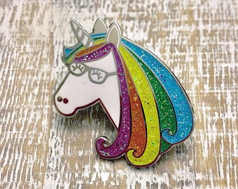 Nerdy Geeky Rainbow Sparkle Glitter Cute Kawaii Unicorn in Glasses 1.25 Inch Hard Enamel Pin | Gifts Under 15 dollars