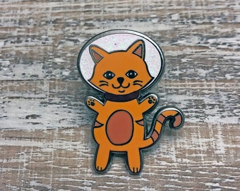 Space Nerdy Geeky Astronaut Space Cat Pet Animal Sparkle Glitter 1.25 Inch Hard Enamel Pin | Gifts Under 15 dollars