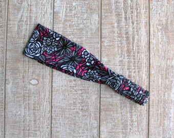 Magenta SIlver Gray Rose Floral Flower Boho Bridesmaid Gift Yoga Active Knit Fabric Headband for Adult Women | Gifts Under 15 Dollars