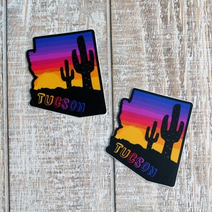 Tucson Arizona State Saguaro Cactus Sunset Sunrise Mountain Hometown Pride Flag Vinyl Sticker or Magnet | Gifts Under 5 Dollars