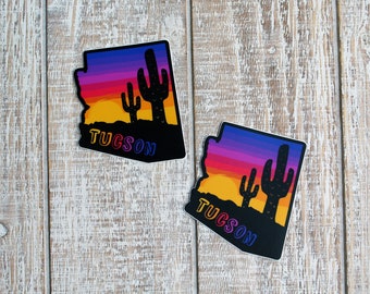 Tucson Arizona State Saguaro Cactus Sunset Sunrise Mountain Hometown Pride Flag Vinyl Sticker or Magnet | Gifts Under 5 Dollars