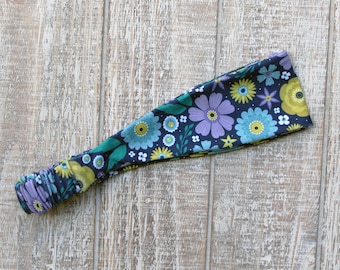 Navy Mustard Teal Lilac Floral Flower Boho Nature Garden Yoga Active Knit Fabric Headband for Adult Women | Gifts Under 15 Dollars