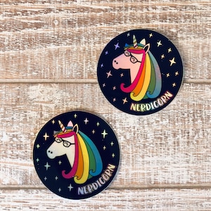 Holo Shiny Geeky Nerdy Unicorn Nerdicorn Funny Rainbow Cute Vinyl Waterbottle Sticker | Gifts Under 5 Dollars