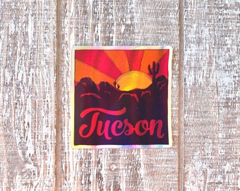 Holographic Tucson Saguaro Cactus Sunset Desert Southwest Retro Hometown Pride Flag Vinyl Sticker | Gifts Under 5 Dollars