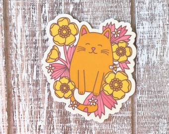 Retro Floral Cat Animal Creature Cute 70s Vinyl Waterbottle Sticker | Gifts Under 5 Dollars