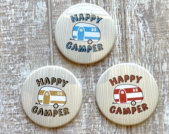 Happy Camper Trailer Art Refrigerator 3 inch Round Magnets | Gifts Under 10 Dollars