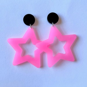 Retro Rock Star 80s 90s Pink Barbiecore Halloween Costume Glow in the Dark Acrylic Jewelry, Lightweight Earrings | Gifts Under 20