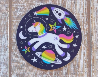 Astronaut Unicorn Space Stars Rocket Nerdy Geeky Magical Mythical Rainbow Cute Vinyl Waterbottle Sticker | Gifts Under 5 Dollars