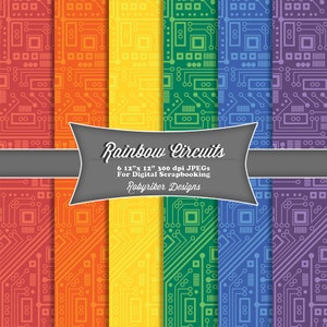 INSTANT DOWNLOAD: Rainbow Circuit Board Robot Digital Scrapbook Paper 6 Pack